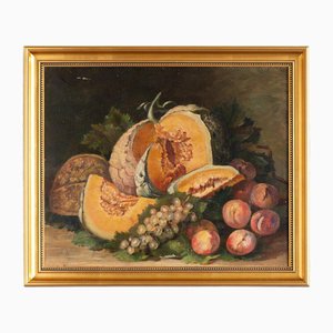 Artista di scuola francese, Natura morta con melone e pesche, Dipinto ad olio su tela, Inizio XX secolo, Con cornice