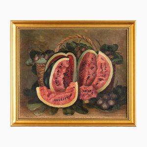 French School Artist, Still Life with Watermelon & Figs, Oil Painting on Canvas, Late 19th Century, Framed
