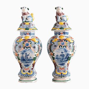 18th Century Dutch Delftware Polychrome Covered Baluster Vases, Set of 2