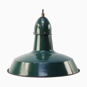 Lámpara colgante de fábrica francesa industrial vintage esmaltada en verde petróleo de Sammode, France