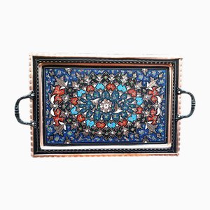 Hand Made Colorful Floral Engraved Service Tray with Handles