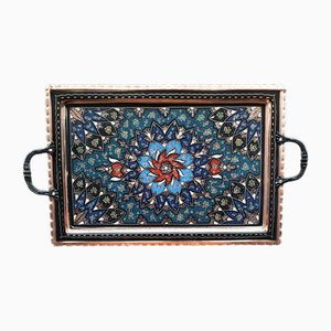 Hand Made Boho Floral Design Engraved Service Tray with Handles