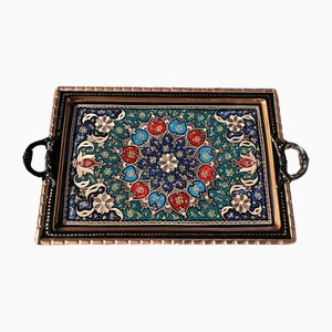 Hand Made Colorful Floral Boho Carved Copper Tray with Handles