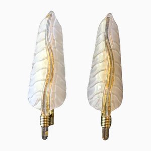 White and Gold Murano Glass Wall Lights in the Shape of Leaves, Set of 2