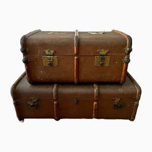 Antique Steamer Trunks in Elm and Canvas with Leather Handles, 1890s, Set of 2
