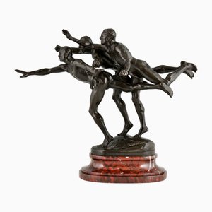 Alfred Boucher, Au But Sculpture of 3 Nude Runners, 1890, Bronze on Marble Base