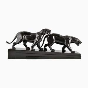 Irenee Rochard, Panthers Art Déco, 1930, Métal sur Socle en Marbre