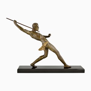 Limousin, Art Deco Athlete with Spear or Javelin Thrower, 1930, Metal on Marble Base
