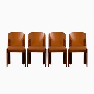 Vintage Brown Leather Dining Chairs Model 330 by Silvio Coppola for Bernini , Italy, 1970s, Set of 4