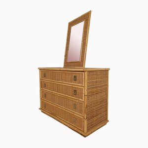 Italian Chest of Drawer with Mirror in Bamboo Wicker & Brass attributed to Dal Vera, 1970s