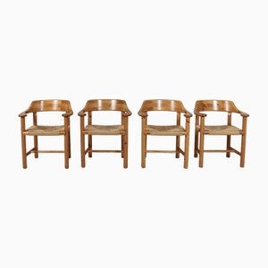 Dining Armchairs in Pine Wood and Papercord attributed to Rainer Daumiller, 1970s, Set of 4