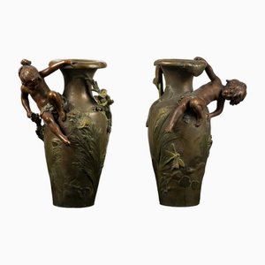 Art Nouveau Vases with Sculptures of Children by Moreau, Set of 2