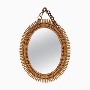 Mid-Century Oval Rattan and Bamboo Wall Mirror with Chain, Italy, 1960s