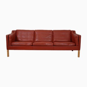 Three-Seater 2213 Sofa in Patinated Red Leather by Børge Mogensen, 1980s