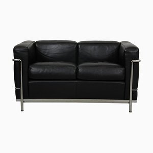 Two-Seater LC2 Sofa in Black Leather by Le Corbusier, 2000s