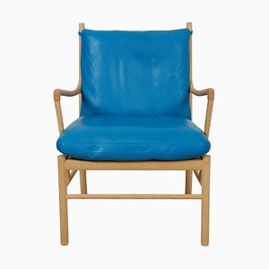 Stuhl im Kolonialstil aus blauem Leder von Ole Wanscher