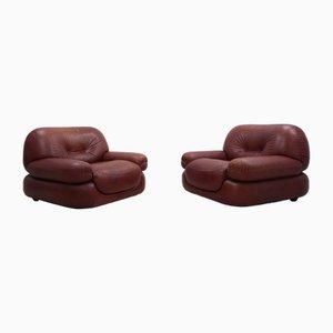 Brown Leather Armchairs from Mobil Girgi, 1970s, Set of 2