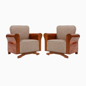 Art Deco Armchairs with Walnut Veneer and Grey Upholstery, France, 1930, Set of 2