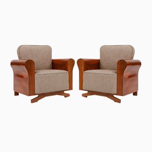 Set of Art Deco Armchairs with Walnut Veneer and Grey Upholstery, France, 1930