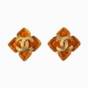 Chanel 1994 Made Gripoix Clover Motif Cc Mark Earrings Brown, Set of 2