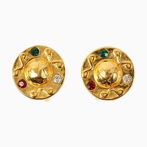 Boucles d'Oreilles Rondes Logo avec Motif Étoile en Strass Transparents, Verts et Rouges de Celine, Set de 2