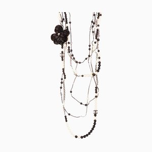 Pearl Camellia Motif CC Mark Long Necklace in Silver, Black & White from Chanel, 2003