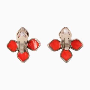 Chanel 1996 Made Flower Motif Cc Mark Earrings Red, Set of 2