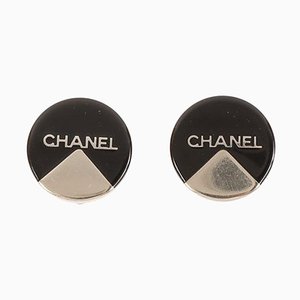 Round Bicolor Logo Earrings in Black/Silver from Chanel, 2000, Set of 2