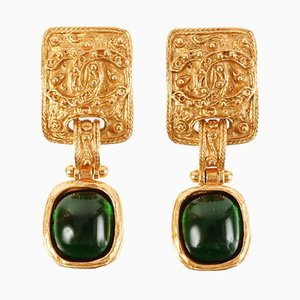 Chanel 1994 Made Gripoix Square Cc Mark Swing Earrings Green, Set of 2