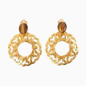 Tiger Eye Stone Circle CC Mark Earrings in Brown from Chanel, 1995, Set of 2