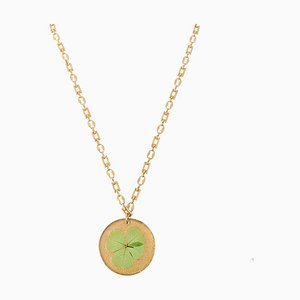 Clover Round Logo Plate Necklace in Green from Chanel