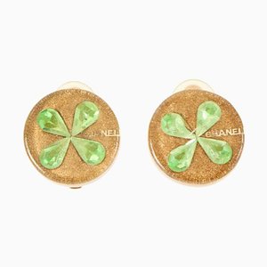 Rhinestone Clover Earrings Gold/ Green from Chanel, 2001, Set of 2