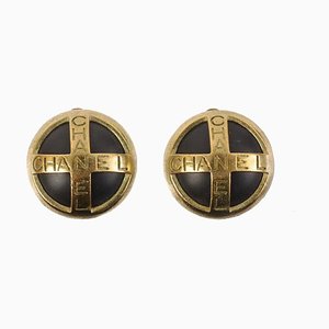 Round Logo Earrings in Black from Chanel, 1994, Set of 2