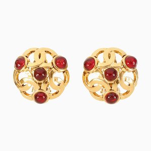 Chanel 1990 Made Gripoix Triple Cc Mark Earrings Red, Set of 2