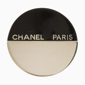 Logo Plate Circle Brooch in Black/Silver from Chanel