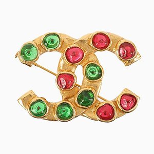 Gripoix Stone Cc Mark Brooch in Green/Red from Chanel