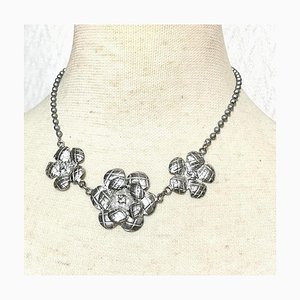 Vintage Silver Matelasse Camellia Rose Flower Charm Necklace from Chanel