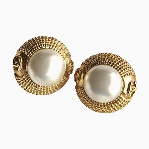 Vintage Gold Tone Round Earrings with Faux Pearl from Chanel, Set of 2