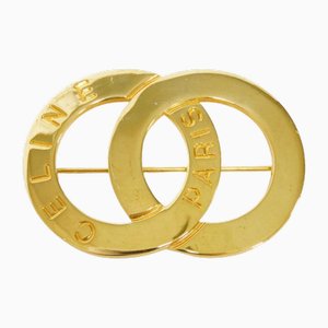 W5 Vintage Golden Brooch in Double Circle Round Motif with Embossed Logo from Celine