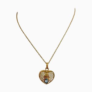 Collana vintage dorata a catena con ciondolo con ciondolo con logo a forma di cuore, cristalli trasparenti e cristallo blu di Lanvin