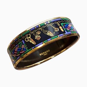 Braccialetto vintage smaltato dorato e cloisonne, braccialetto con blu, viola e verde di Hermes