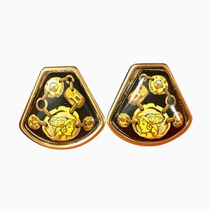 Vintage Cloisonne Golden Earrings with Black and Yellow Chain, Stud, H Logo, Mademoiselle Design from Hermes, Set of 2