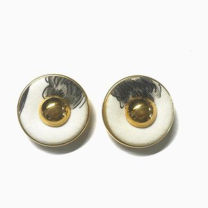 Hermes Vintage Golden Round Earrings With White Silk Fabric Frames, Set of 2