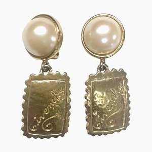 Givenchy Vintage Faux Pearl And Golden Dangle Earrings With Logo Square Plate, Set of 2