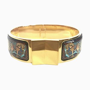 Bracelet Jonc Flacon Vintage Cloisonné en Émail Doré et Motif Cheval et Ethnique Multicolore de Hermes