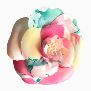 Vintage Colorful Watercolor Print Silk Camellia Flower Brooch Pin from Chanel