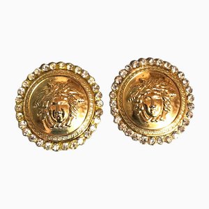 Vintage Large Round Gold Tone Medusa Face Earrings with Crystal Glasses from Gianni Versace, Set of 2