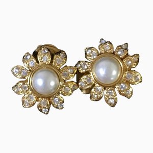 Chanel Vintage Golden Sunflower Design Earrings With Crystal Stones And Faux Pearl, Set of 2