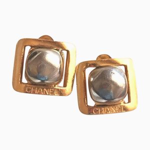 Vintage Metallic Tone Gripoix Stone Earrings in Golden Square Shape from Chanel, Set of 2