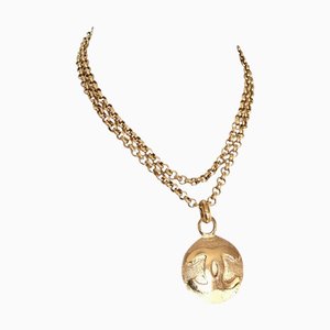 Vintage Golden Chain Necklace with Round Cc Mark Charm Pendant Top from Chanel